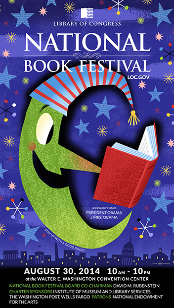 The moon looks so happy to be staying up late to read! Artwork by Bob Staake. Via loc.gov/bookfest/